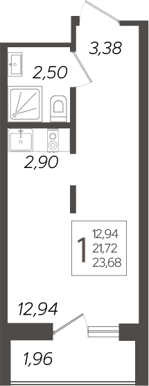 Студия квартира, 21.72 м² в ЖК Кислород — фото 2