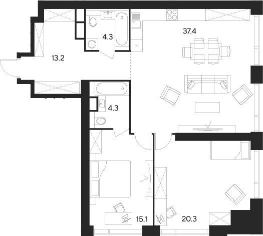3-комн., 94.6 м², 8/55 этаж, ЖК «Инди Тауэрз от Аквилон»