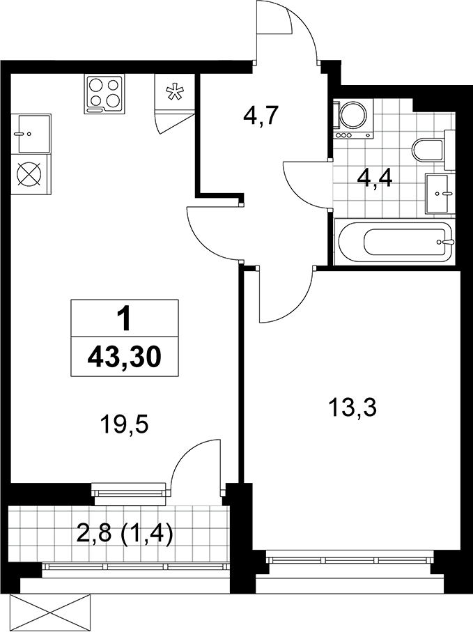 2-комн., 41.9 м², 9/10 этаж, ЖК «Прокшино»