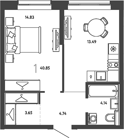 1-комн., 40.85 м², 13/24 этаж, ЖК «Страна.Парковая»