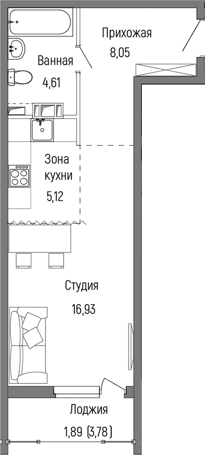Студия, 34.71 м², 8/9 этаж, ЖК «Рига Хиллс»