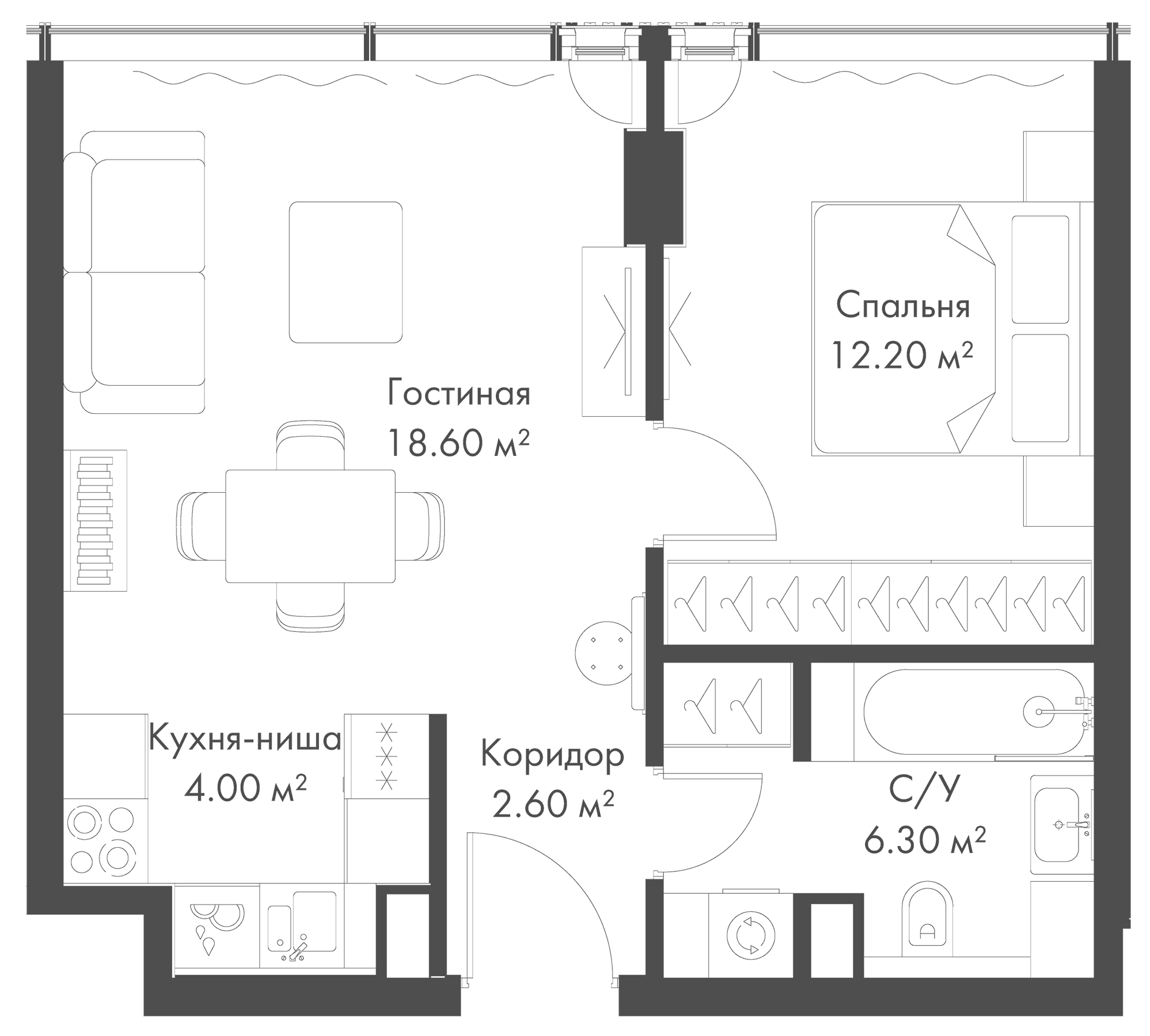 2-комн., 43.7 м², 27/36 этаж, ЖК «Слава»