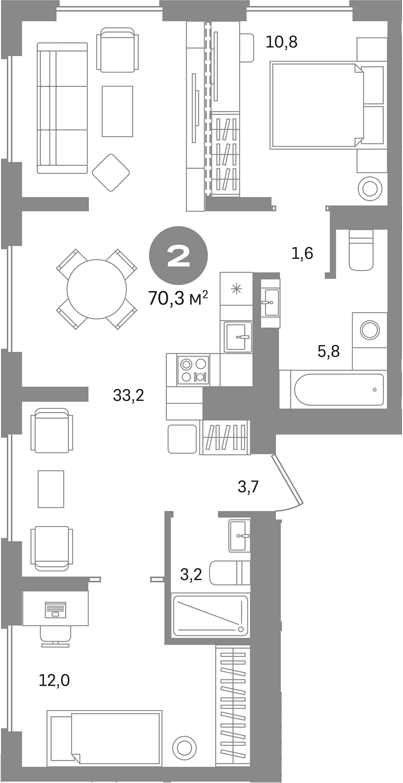 2-комн., 70.3 м², 15/16 этаж, ЖК «Первый квартал. Вторая очередь»