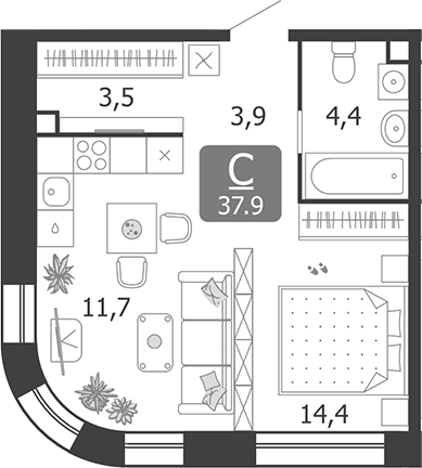 Студия, 37.9 м², 2/5 этаж, ЖК «Шагал»
