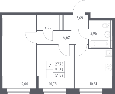 2-комн., 51.87 м², 3/12 этаж, ЖК «Богдановский лес»