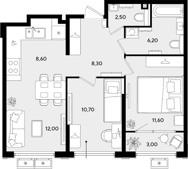 3-комн., 59.9 м², 2/9 этаж, ЖК «Порто-Ново»