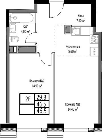 2-комн., 46.5 м², 23/35 этаж, ЖК «Мираполис»