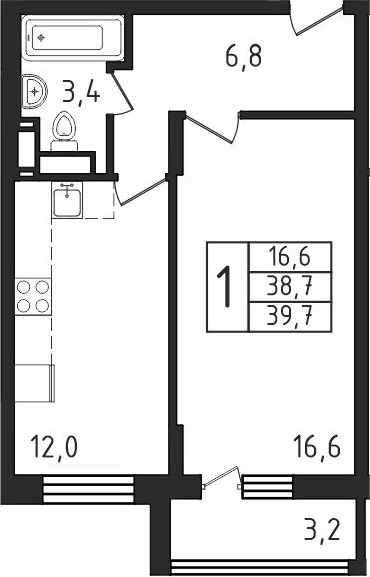 1-комн., 38.6 м², 8/9 этаж, ЖК «Пироговская ривьера. Мытищи»