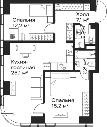3-комн., 65.3 м², 6/59 этаж, ЖК «Сити Бэй»