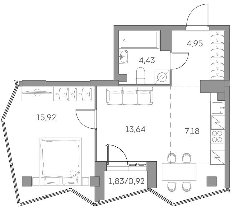 2-комн., 46.12 м², 21/28 этаж, ЖК «Аквилон БИСАЙД 2.0»
