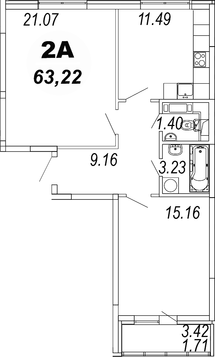2-комн., 62.22 м², 4/4 этаж, ЖК «Шолохово»