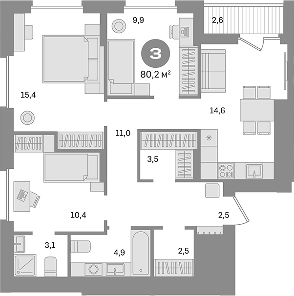 3-комн., 77.6 м², 16/17 этаж, ЖК «Первый квартал. Вторая очередь»