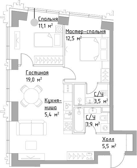 3-комн., 60.9 м², 19/45 этаж, ЖК «Левел Павелецкая Сити»