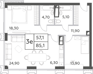 3-комн., 85.1 м², 21/52 этаж, ЖК «Will Towers»
