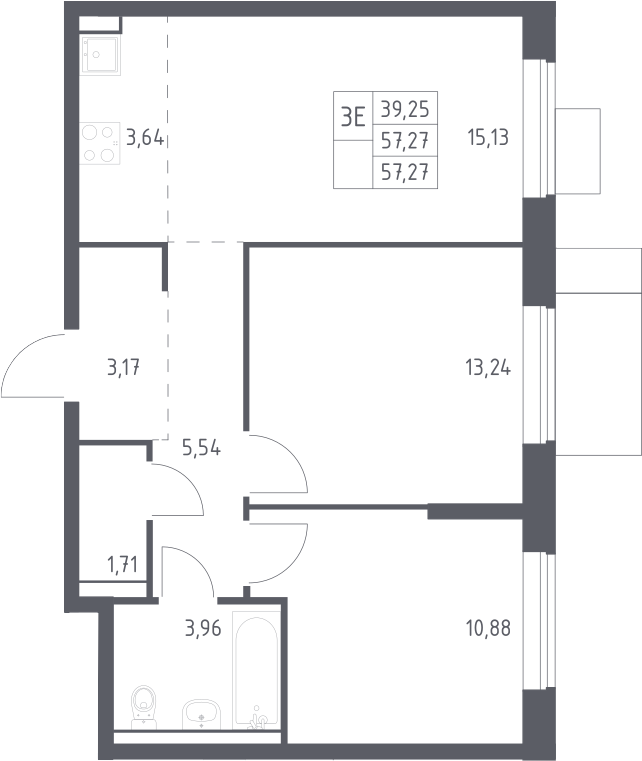 3-комн., 57.27 м², 9/12 этаж, ЖК «Пригород Лесное»