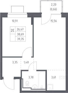 2-комн., 38.69 м², 8/12 этаж, ЖК «Богдановский лес»