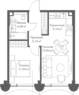 2-комн., 40.1 м², 6/17 этаж, ЖК «МИРА»