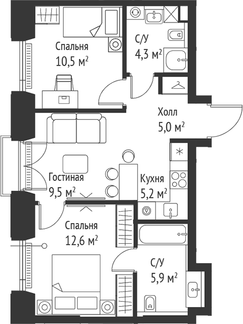 3-комн., 52.9 м², 5/28 этаж, ЖК «СЕТ»