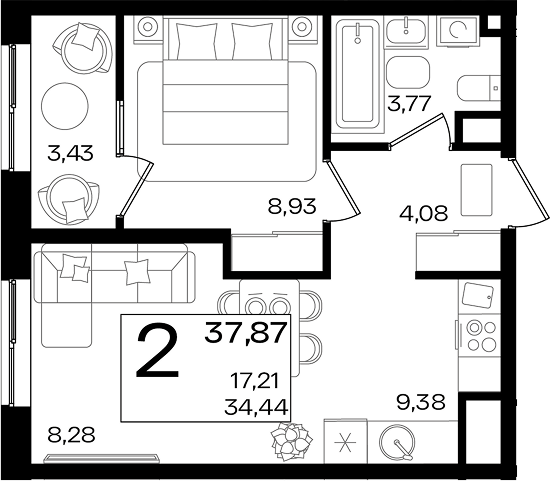 2-комн. квартира, 34.44 м² в ЖК Патрики — фото 2