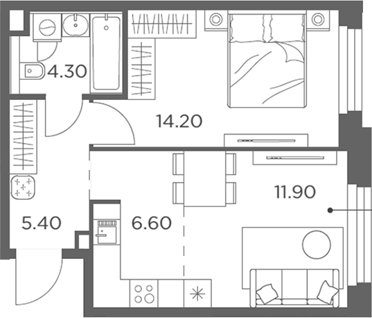 2-комн., 44 м², 7/12 этаж, ЖК «Белый Град»