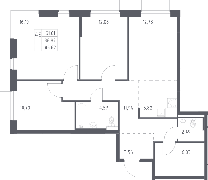 4+ комнаты, 86.82 м², 9/24 этаж, ЖК «Квартал Авиаторов»