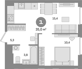 1-комн., 35 м², 12/30 этаж, ЖК «Квартал Герцена»