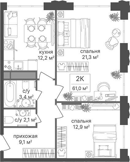 2-комн., 61 м², 10/30 этаж, ЖК «Гостиничный комплекс Варшавские ворота»