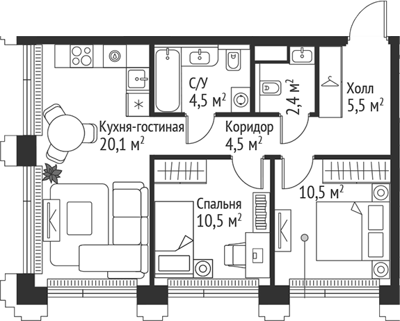 3-комн., 58 м², 30/45 этаж, ЖК «СЕТ»