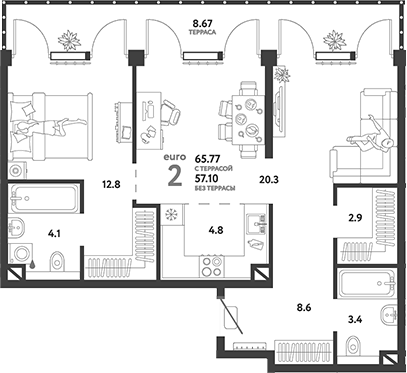 2-комн., 57.1 м², 8/19 этаж, ЖК «Страна.Озерная»