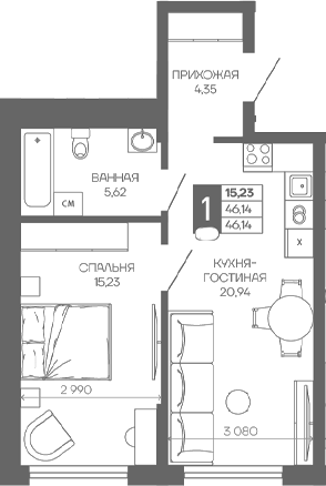1-комн. квартира, 46.14 м² в ЖК Иначе в Молодежном — фото 2