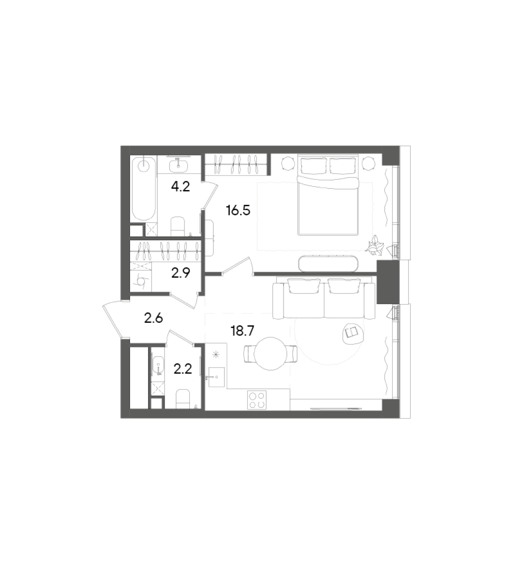 2-комн., 47.1 м², 30/45 этаж, ЖК «СТОУН Грэйн»