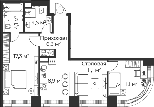3-комн., 63.3 м², 2/71 этаж, ЖК «Веер»
