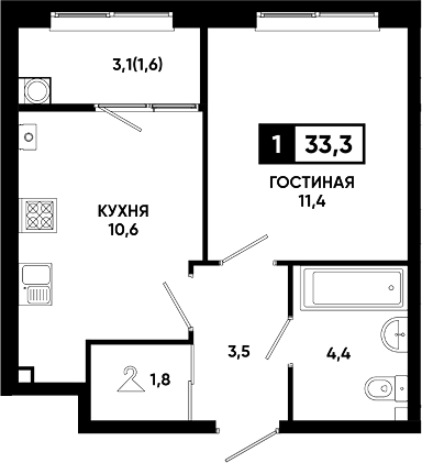 1-комн., 31.7 м², 2/14 этаж, ЖК «Резиденция Софи»