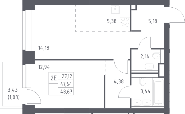 2-комн., 47.64 м², 11/40 этаж, ЖК «НОВА»