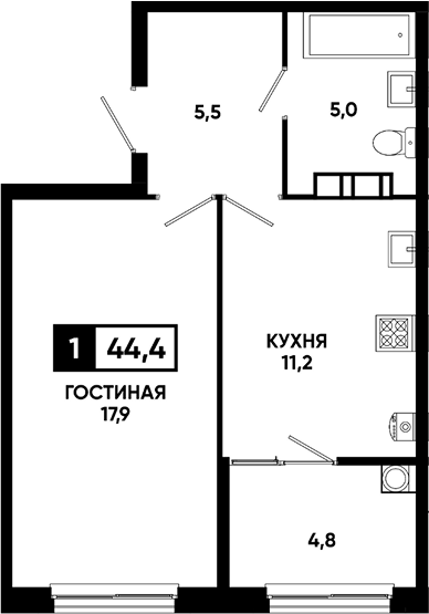 1-комн., 39.6 м², 5/16 этаж, ЖК «Кварталы 17/77»