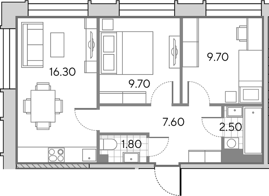 3-комн., 47.6 м², 9/9 этаж, ЖК «Вейв»
