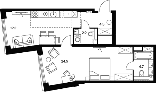 2-комн., 55.8 м², 28/46 этаж, ЖК «НЕКСУС от Аквилон»