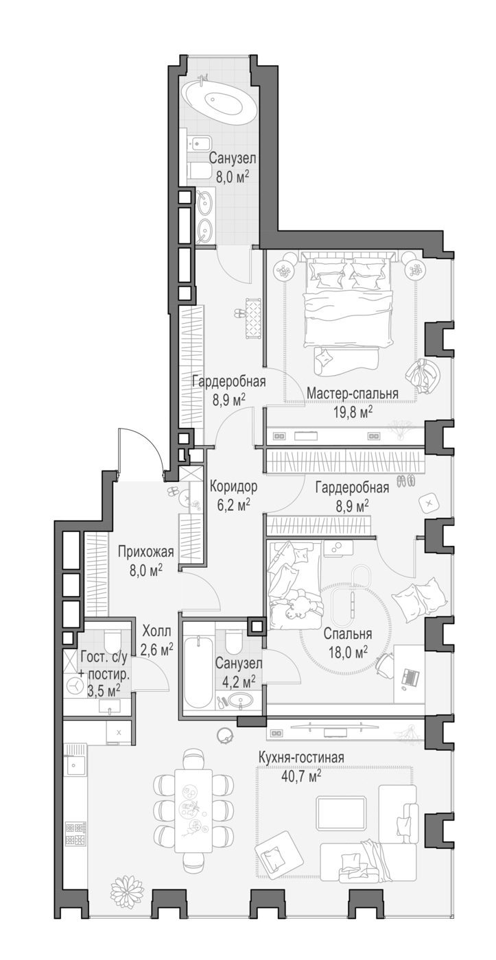 3-комн., 128 м², 19/23 этаж, ЖК «Квартал Life Time»