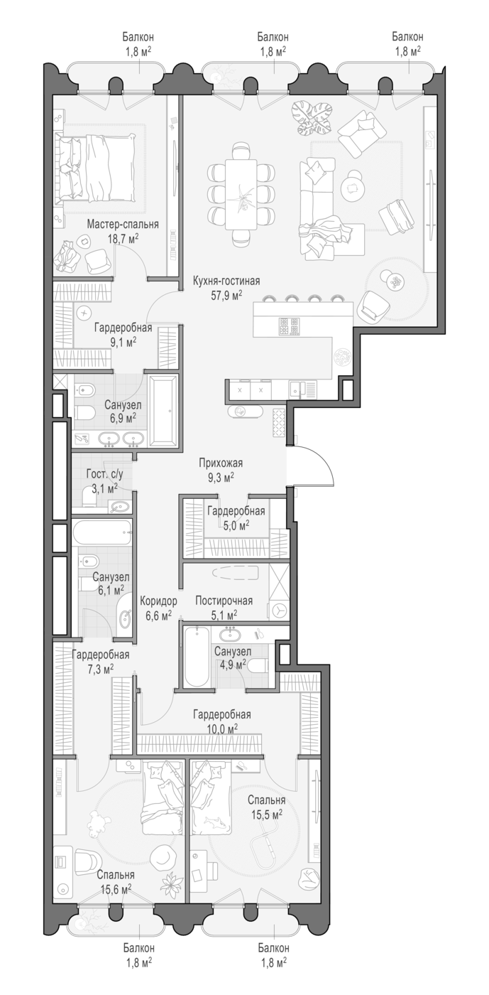 4+ комнаты, 186.2 м², 8/12 этаж, ЖК «Клубный квартал Фрунзенский»