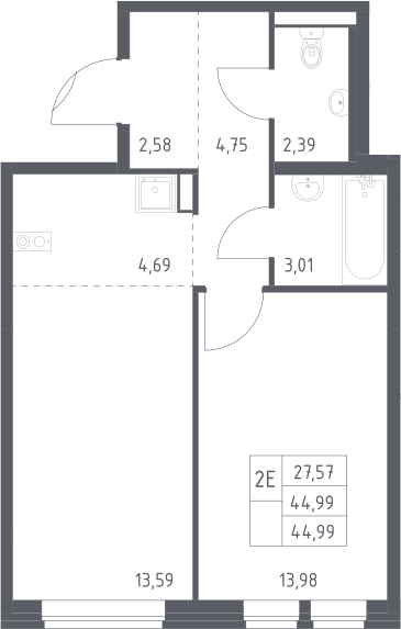 2-комн., 44.99 м², 8/17 этаж, ЖК «Квартал Авиаторов»