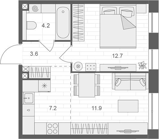 2-комн., 39.6 м², 7/12 этаж, ЖК «АРТЕЛЬ»
