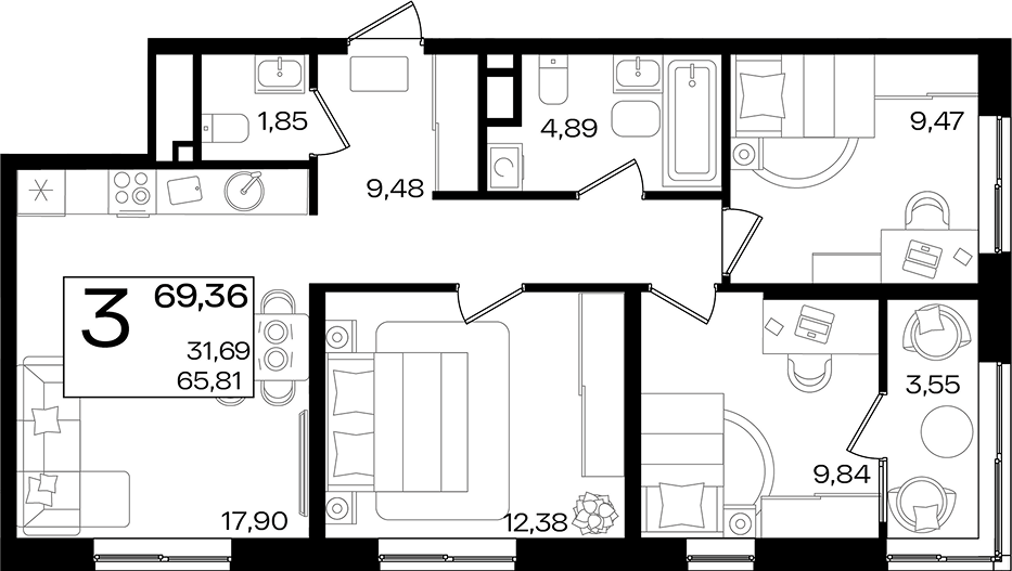 4-комн. квартира, 65.81 м² в ЖК Патрики — фото 2