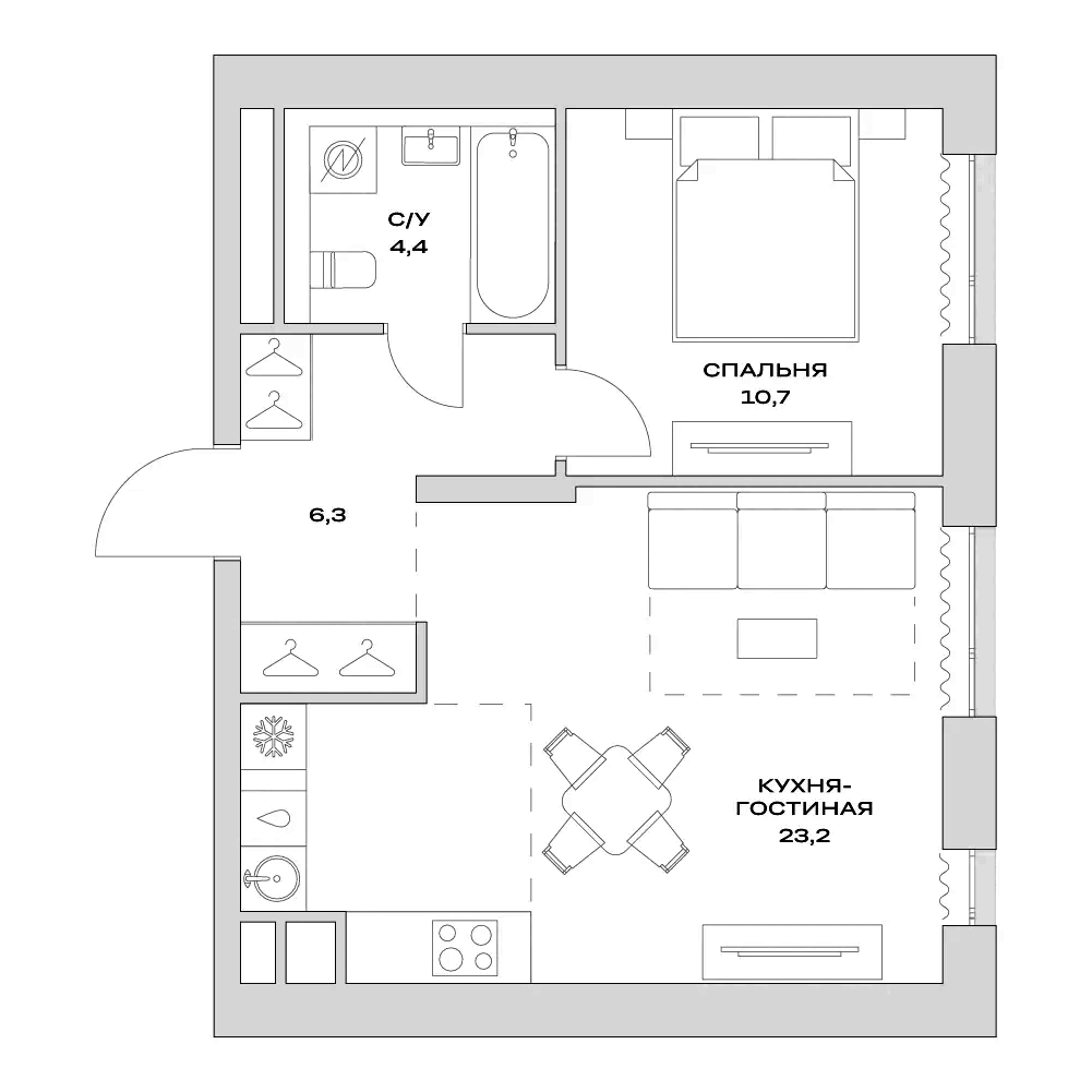 2-комн., 44.6 м², 17/22 этаж, ЖК «Детали»