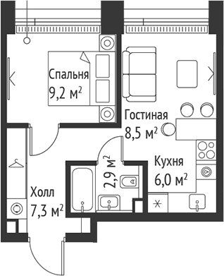2-комн., 33.8 м², 59/59 этаж, ЖК «СЕТ»