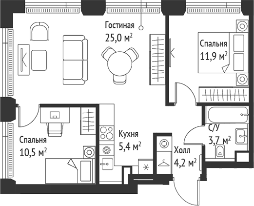 3-комн., 60.7 м², 26/52 этаж, ЖК «СЕТ»