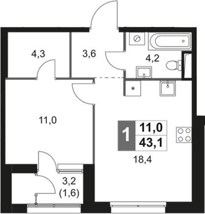 2-комн., 41.5 м², 22/26 этаж, ЖК «Скай Гарден»