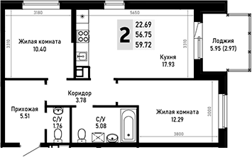 2-комн. квартира, 56.75 м² в ЖК Усадьба Гостагаевская — фото 2