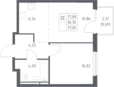 2-комн., 36.36 м², 15/17 этаж, ЖК «Мытищи Парк»