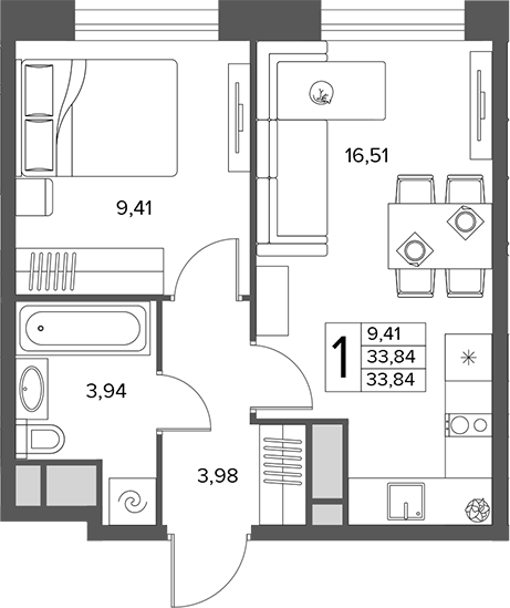 2-комн., 33.84 м², 8/16 этаж, ЖК «Городской бор»