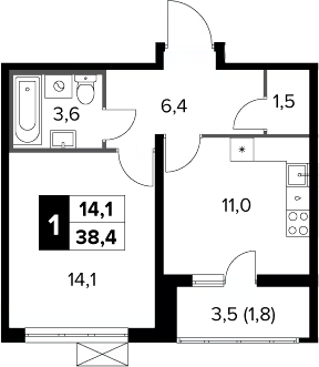 1-комн., 36.6 м², 22/23 этаж, ЖК «Южная Битца»